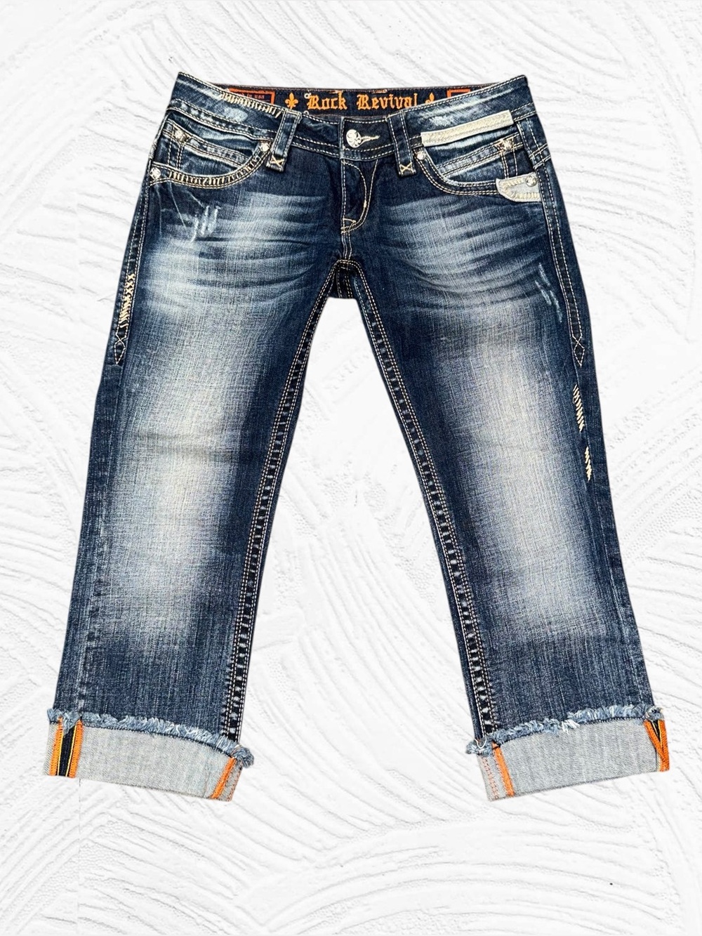 Rock Revival Gwen Capri Size 28 Low rise Stretch Embellished Thick Stitch